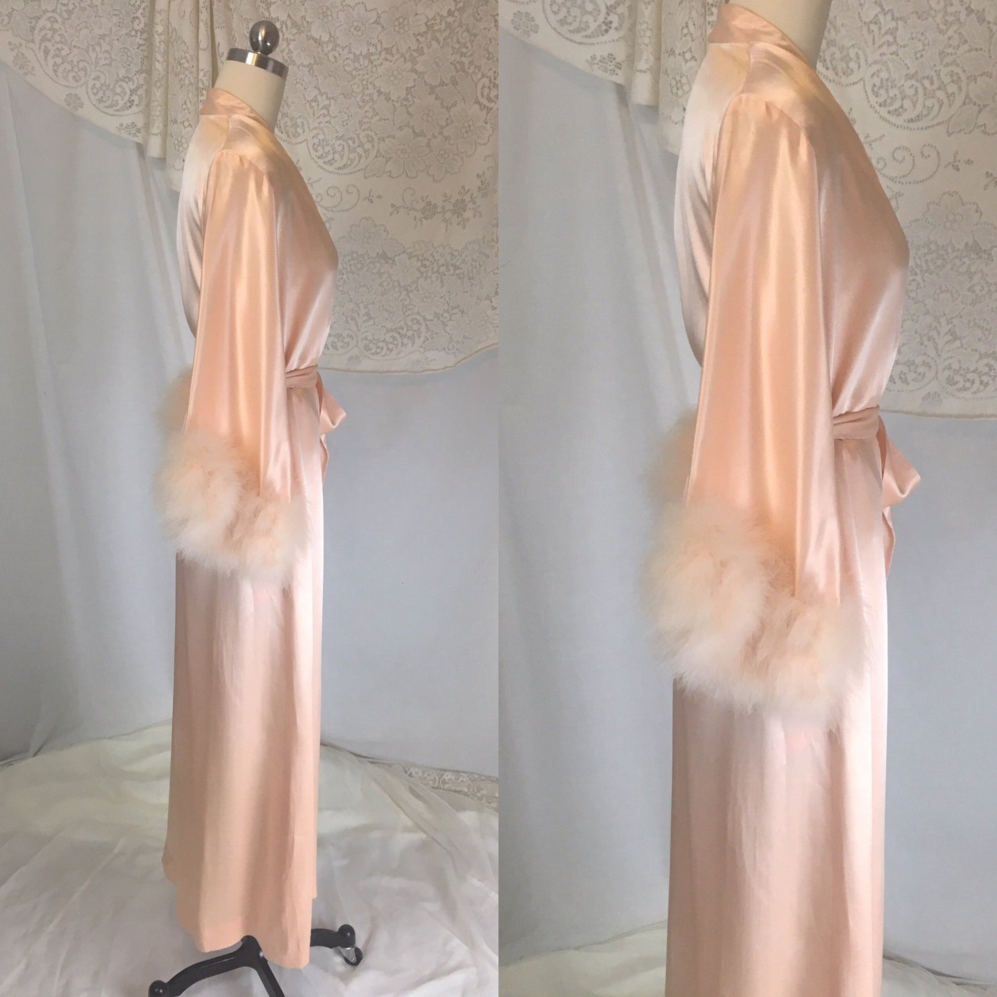 Vintage 1960's Dressing Gown | Pearly Peach Satin with Marabou Sleeves | Size S, MED, LG - Daggers & Dames