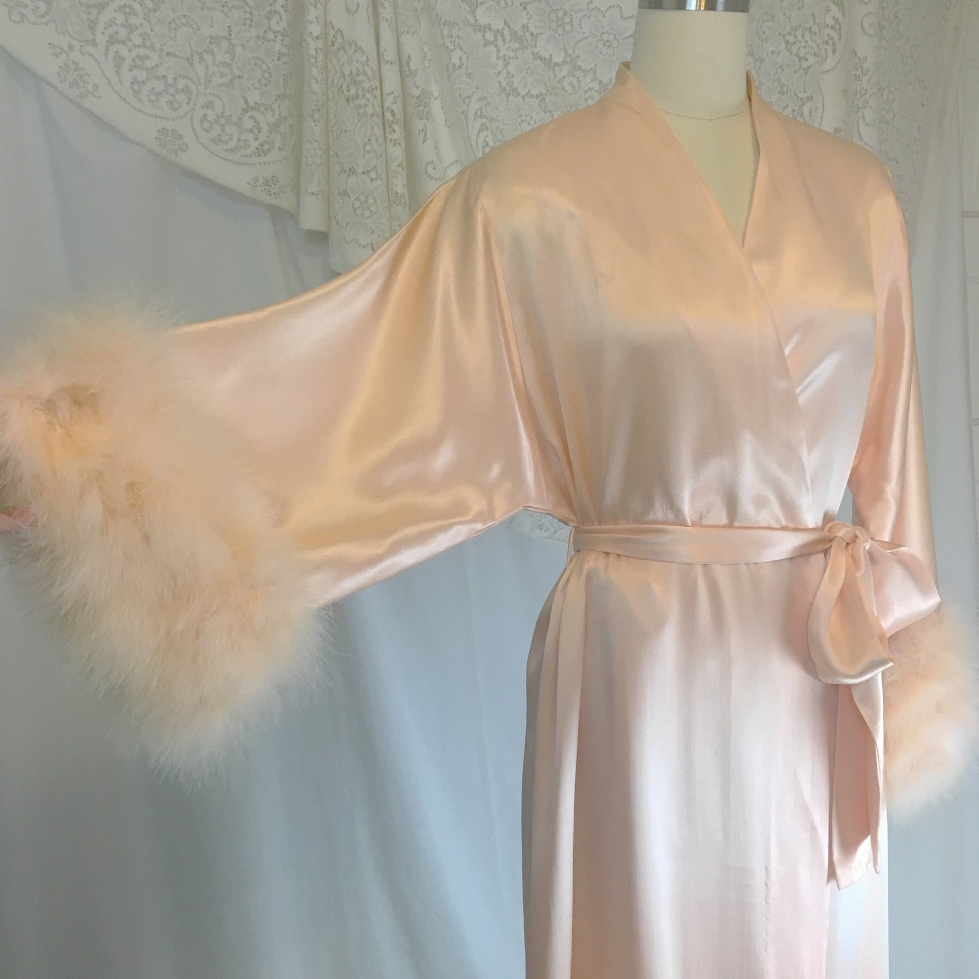 Vintage 1960's Dressing Gown | Pearly Peach Satin with Marabou Sleeves | Size S, MED, LG - Daggers & Dames