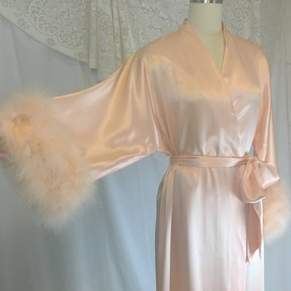 Vintage 1960's Dressing Gown | Pearly Peach Satin with Marabou Sleeves | Size S, MED, LG - Daggers & Dames