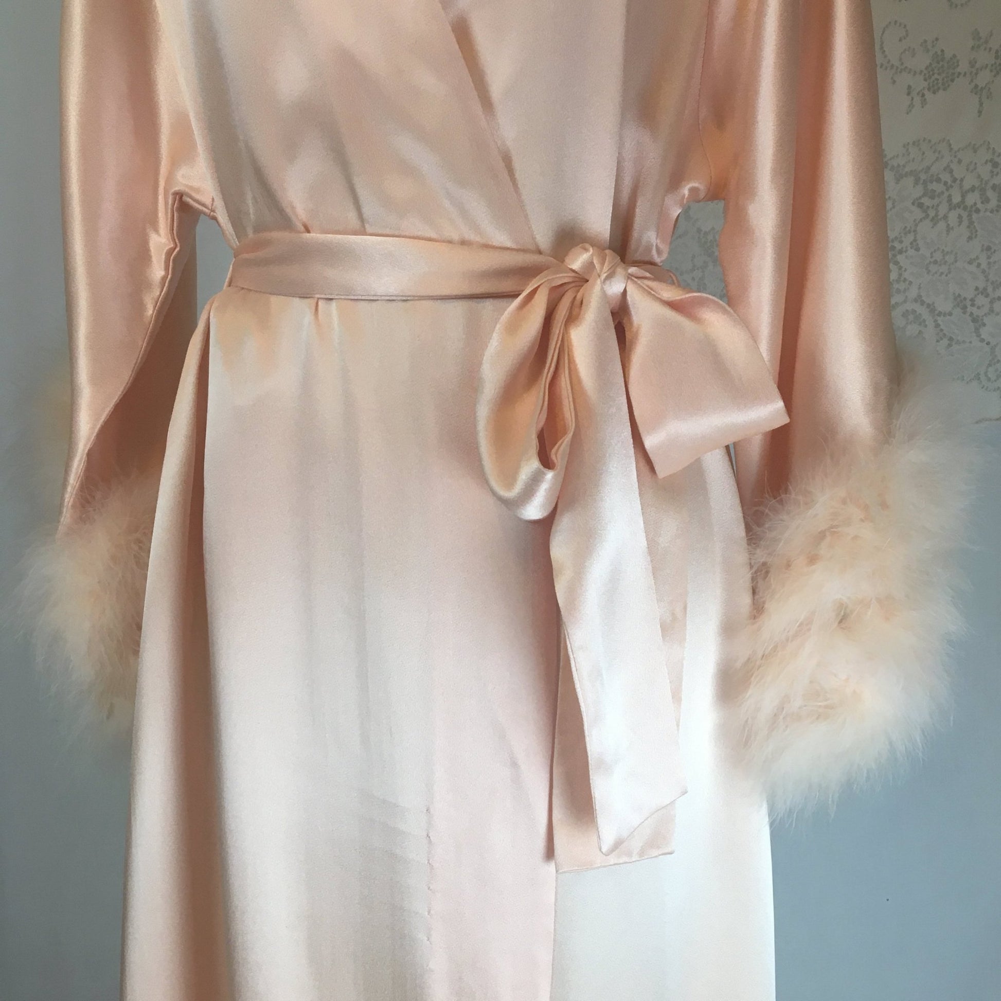 Vintage 1960's Dressing Gown | Pearly Peach Satin with Marabou Sleeves | Size S, MED, LG - Daggers & Dames