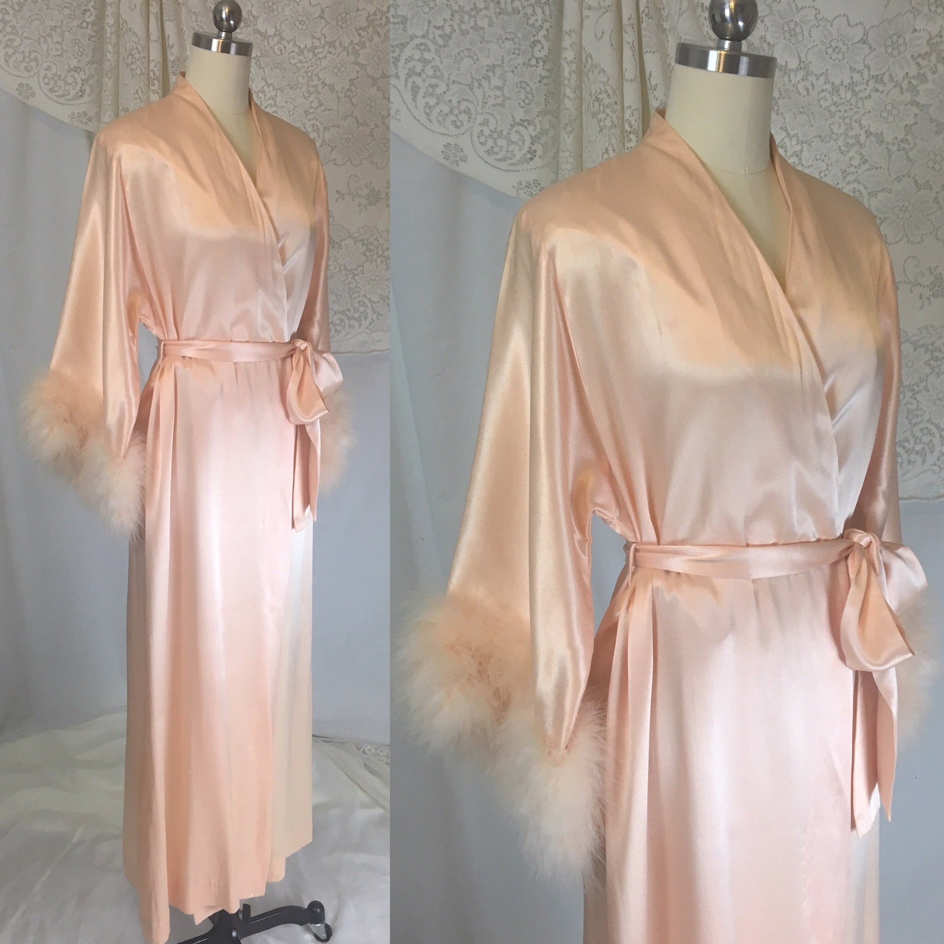 Vintage 1960's Dressing Gown | Pearly Peach Satin with Marabou Sleeves | Size S, MED, LG - Daggers & Dames