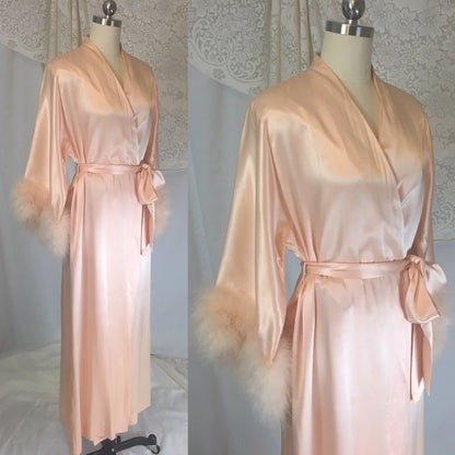Vintage 1960's Dressing Gown | Pearly Peach Satin with Marabou Sleeves | Size S, MED, LG - Daggers & Dames