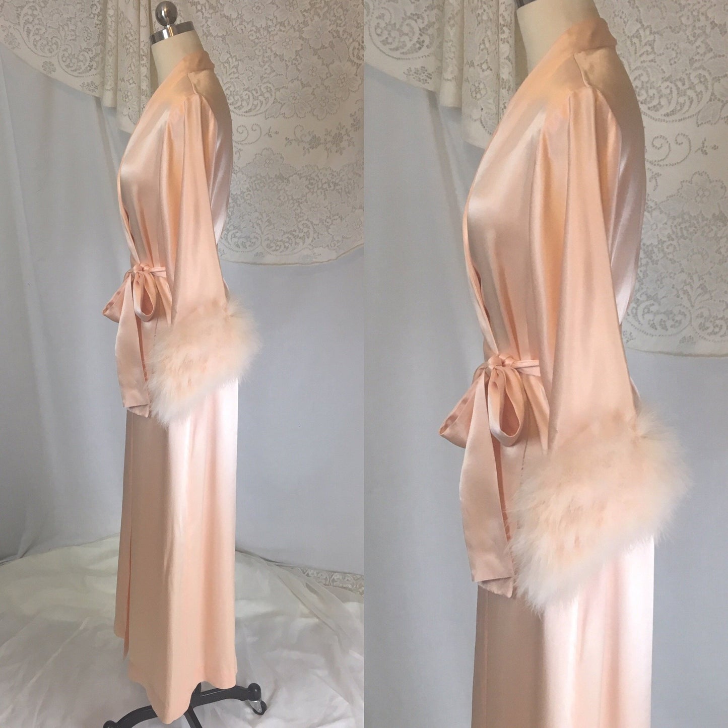 Vintage 1960's Dressing Gown | Pearly Peach Satin with Marabou Sleeves | Size S, MED, LG - Daggers & Dames