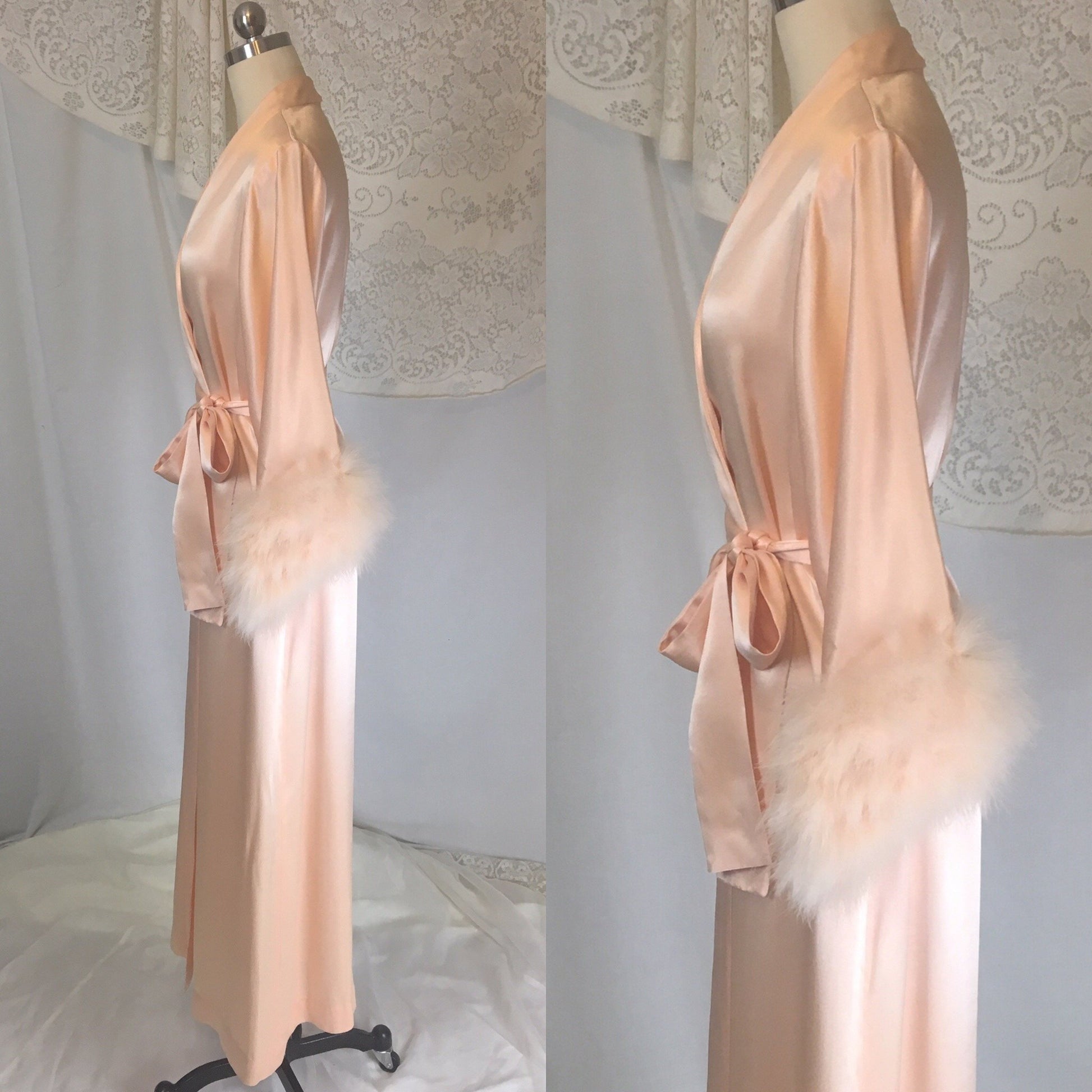 Vintage 1960's Dressing Gown | Pearly Peach Satin with Marabou Sleeves | Size S, MED, LG - Daggers & Dames