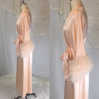 Vintage 1960's Dressing Gown | Pearly Peach Satin with Marabou Sleeves | Size S, MED, LG - Daggers & Dames