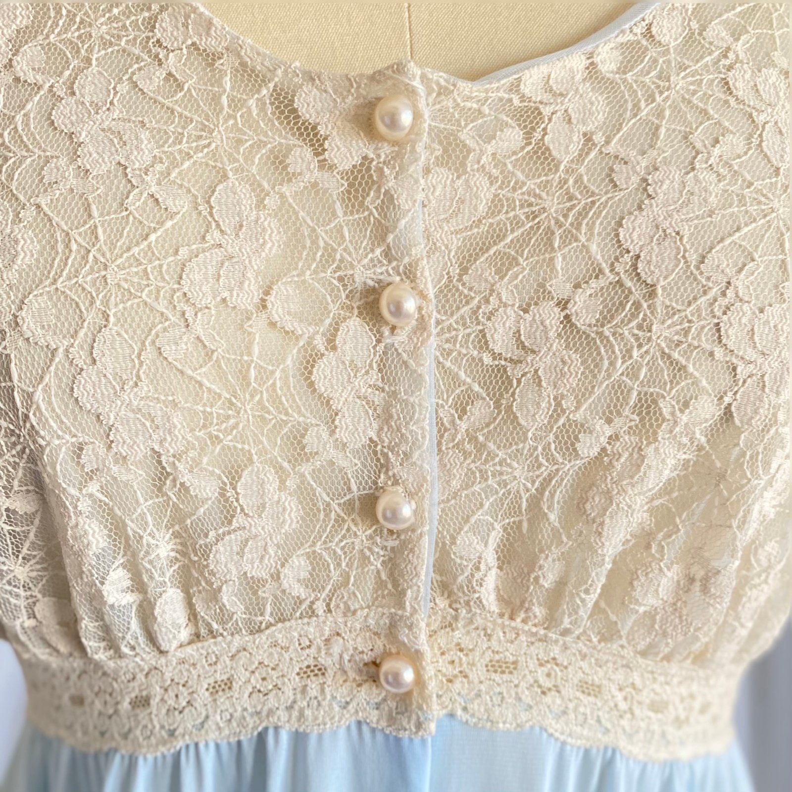 Vintage 1960's Dressing Gown Robe | Baby Blue Nylon with Ivory Spiderweb Lace | Size XS, S | Miss Elaine - Daggers & Dames