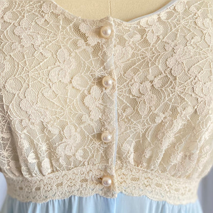 Vintage 1960's Dressing Gown Robe | Baby Blue Nylon with Ivory Spiderweb Lace | Size XS, S | Miss Elaine - Daggers & Dames