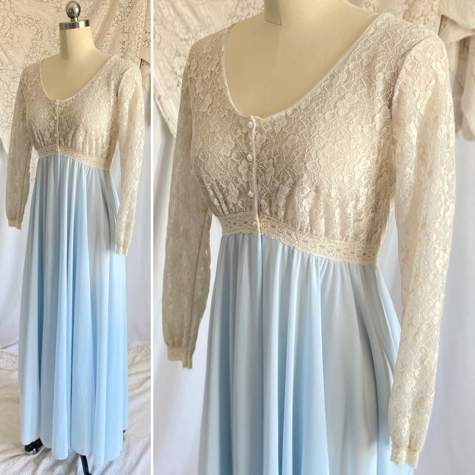 Vintage 1960's Dressing Gown Robe | Baby Blue Nylon with Ivory Spiderweb Lace | Size XS, S | Miss Elaine - Daggers & Dames