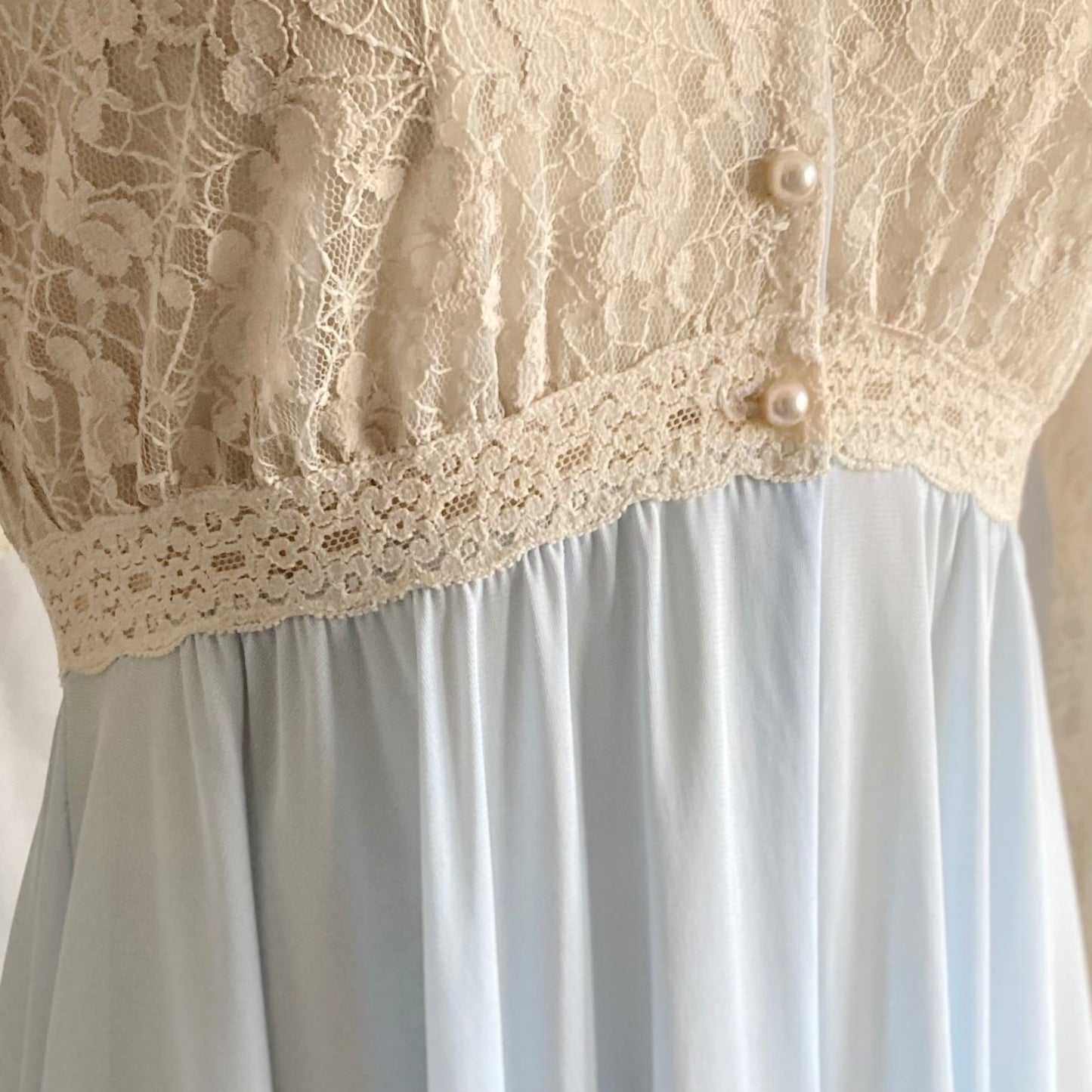 Vintage 1960's Dressing Gown Robe | Baby Blue Nylon with Ivory Spiderweb Lace | Size XS, S | Miss Elaine - Daggers & Dames