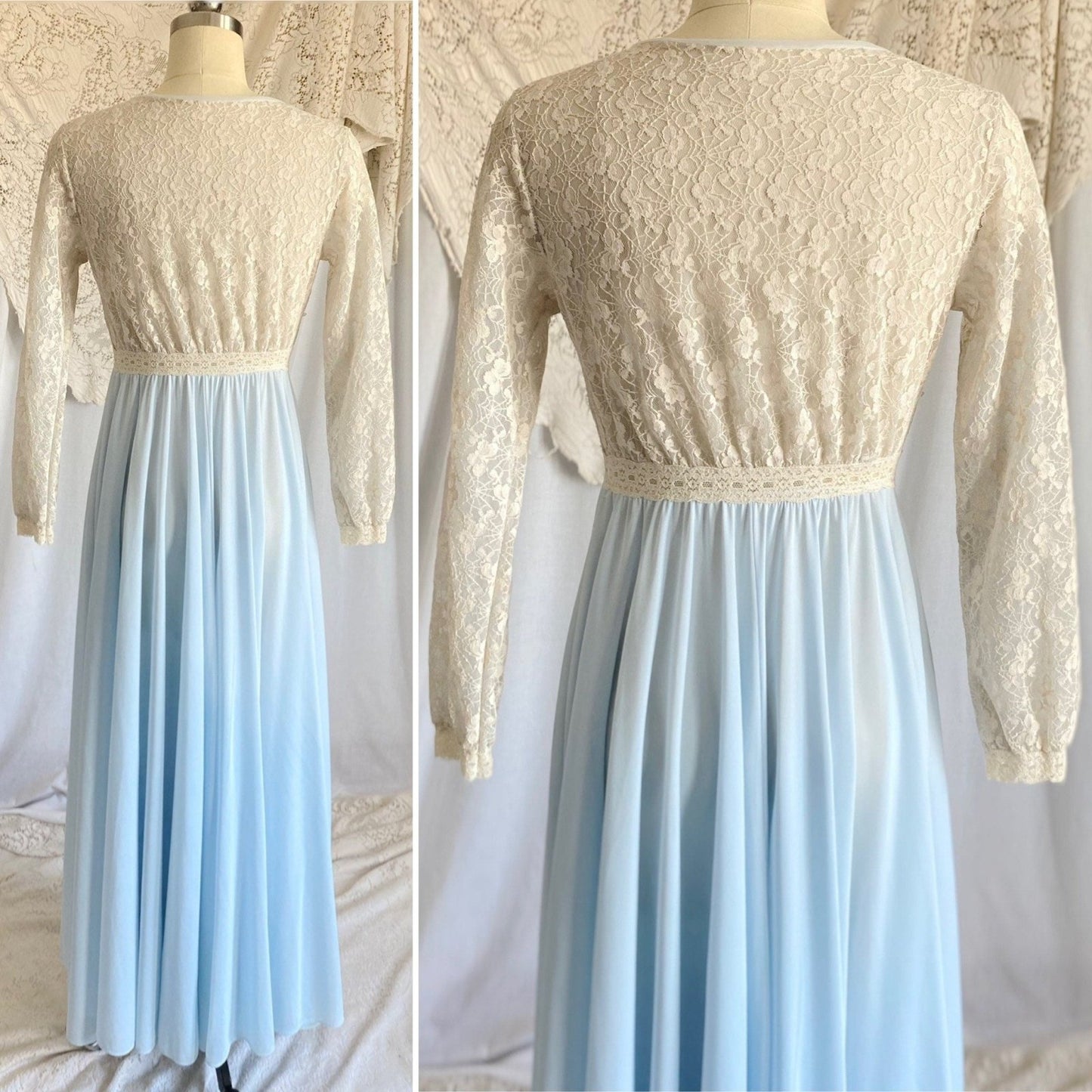Vintage 1960's Dressing Gown Robe | Baby Blue Nylon with Ivory Spiderweb Lace | Size XS, S | Miss Elaine - Daggers & Dames