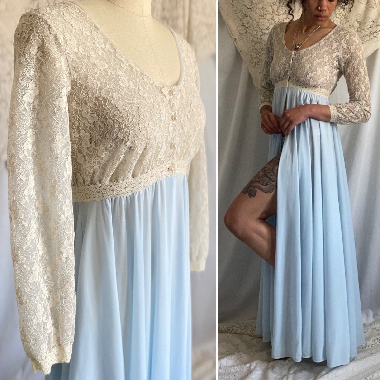 Vintage 1960's Dressing Gown Robe | Baby Blue Nylon with Ivory Spiderweb Lace | Size XS, S | Miss Elaine - Daggers & Dames