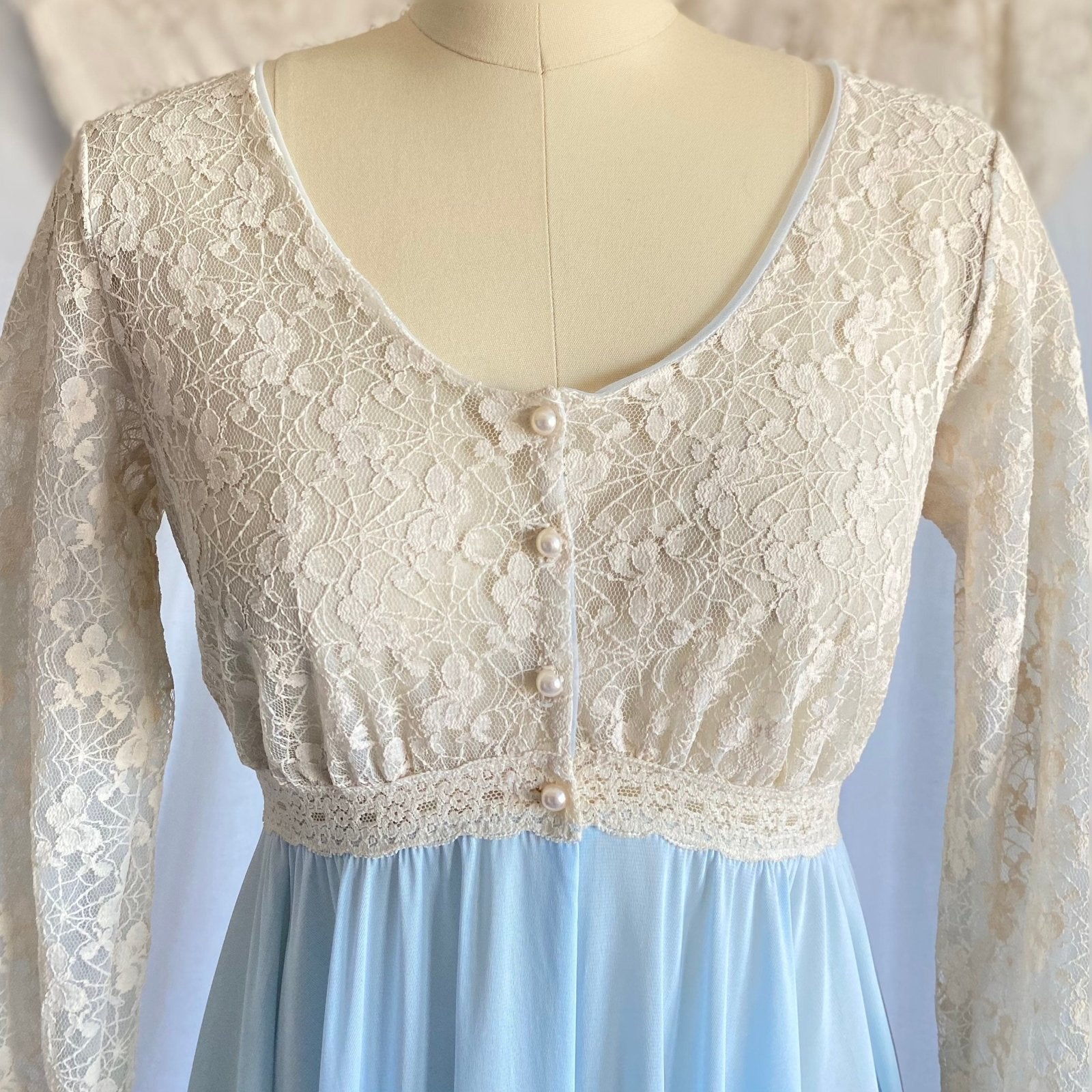 Vintage 1960's Dressing Gown Robe | Baby Blue Nylon with Ivory Spiderweb Lace | Size XS, S | Miss Elaine - Daggers & Dames