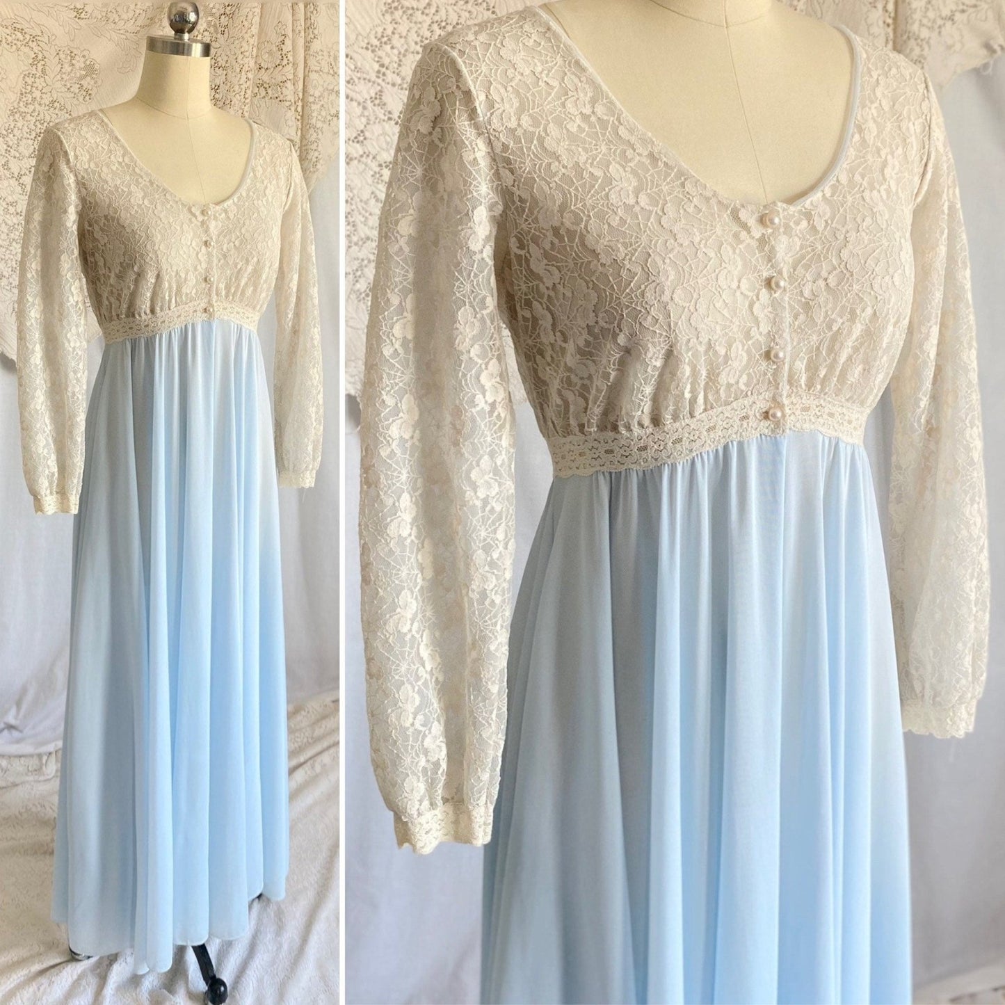 Vintage 1960's Dressing Gown Robe | Baby Blue Nylon with Ivory Spiderweb Lace | Size XS, S | Miss Elaine - Daggers & Dames