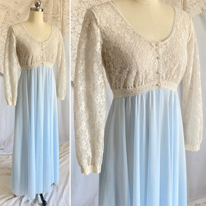 Vintage 1960's Dressing Gown Robe | Baby Blue Nylon with Ivory Spiderweb Lace | Size XS, S | Miss Elaine - Daggers & Dames