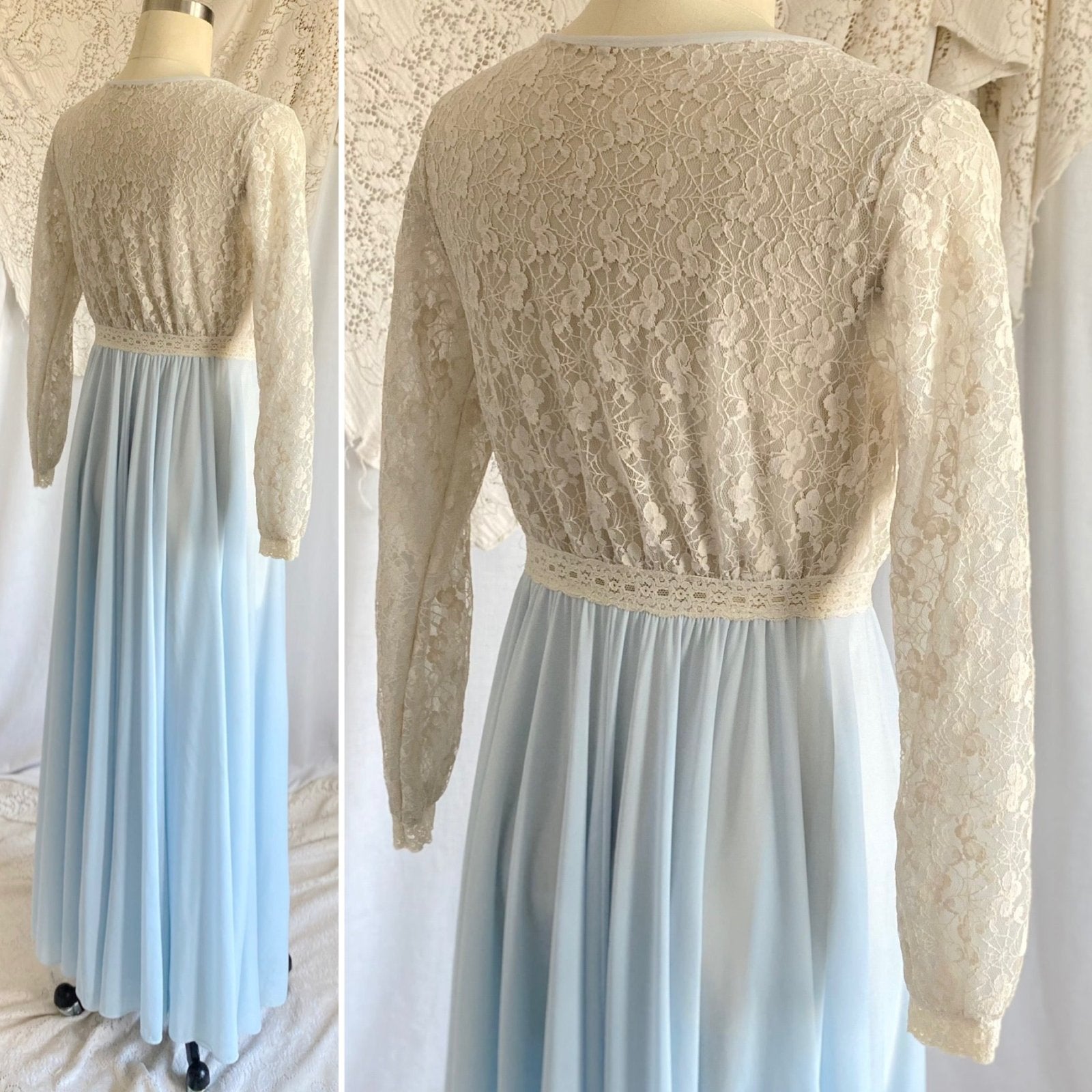 Vintage 1960's Dressing Gown Robe | Baby Blue Nylon with Ivory Spiderweb Lace | Size XS, S | Miss Elaine - Daggers & Dames