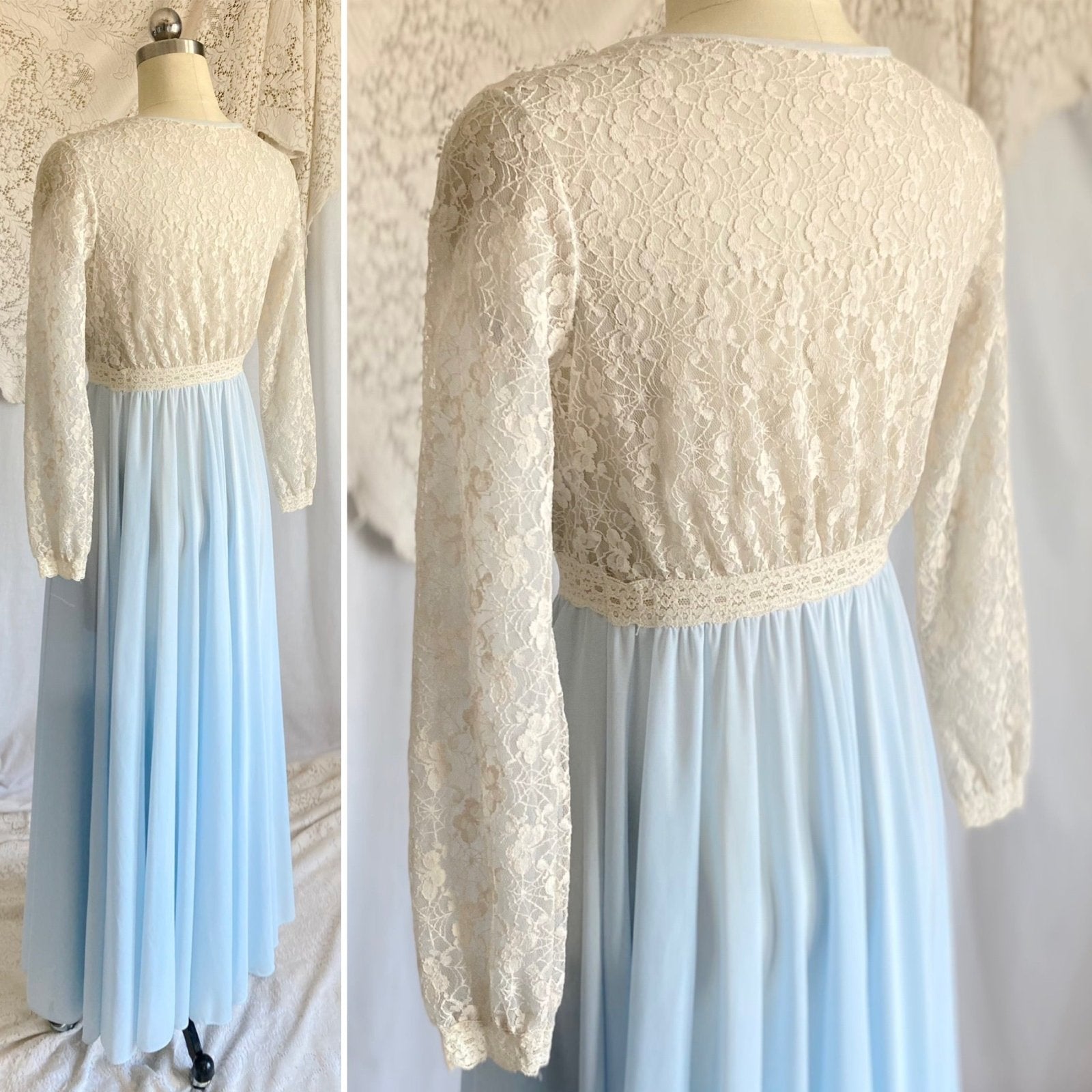 Vintage 1960's Dressing Gown Robe | Baby Blue Nylon with Ivory Spiderweb Lace | Size XS, S | Miss Elaine - Daggers & Dames