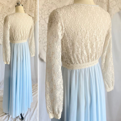 Vintage 1960's Dressing Gown Robe | Baby Blue Nylon with Ivory Spiderweb Lace | Size XS, S | Miss Elaine - Daggers & Dames