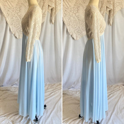 Vintage 1960's Dressing Gown Robe | Baby Blue Nylon with Ivory Spiderweb Lace | Size XS, S | Miss Elaine - Daggers & Dames