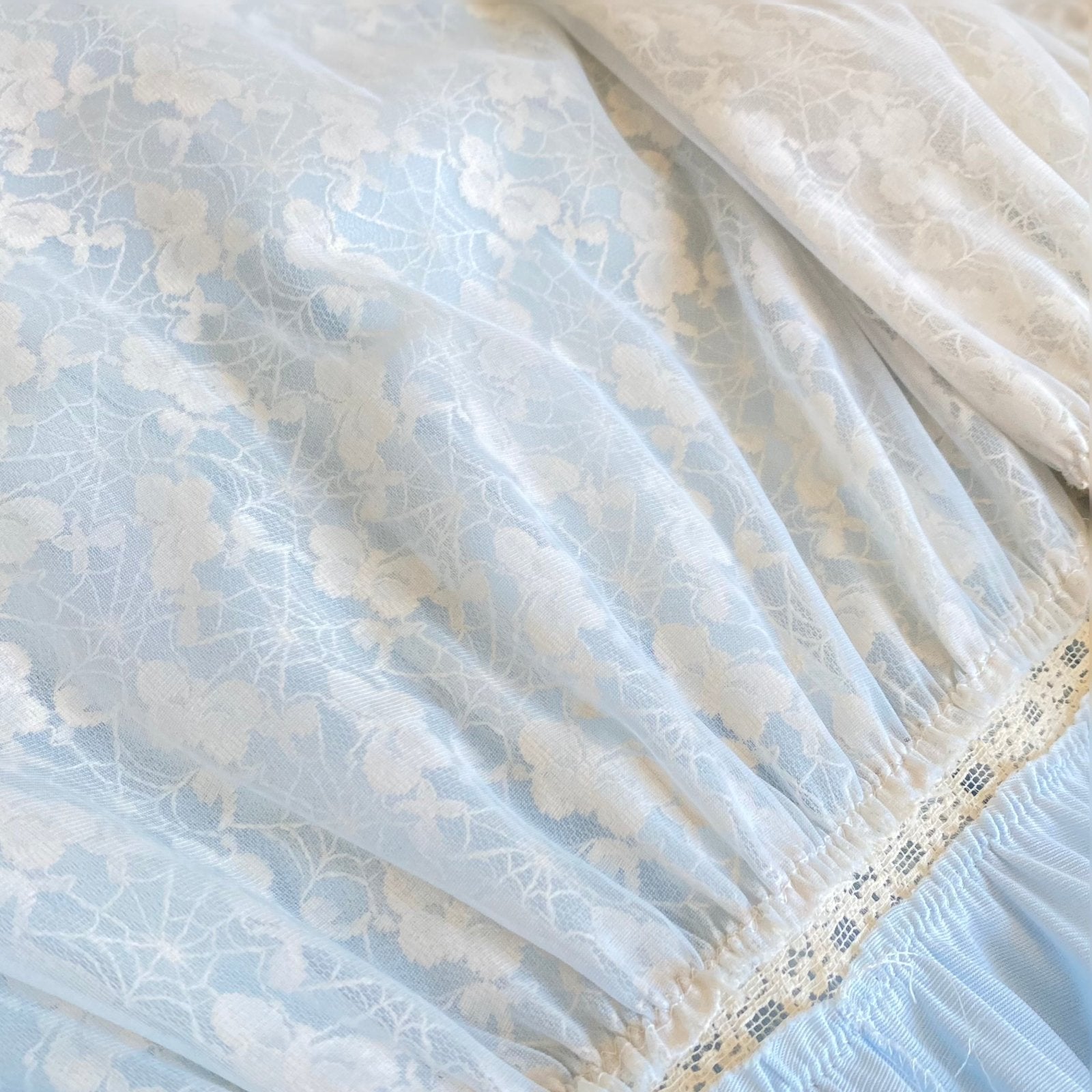 Vintage 1960's Dressing Gown Robe | Baby Blue Nylon with Ivory Spiderweb Lace | Size XS, S | Miss Elaine - Daggers & Dames