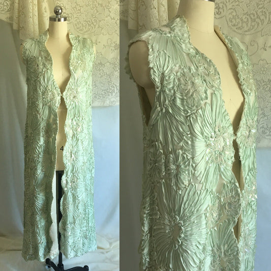 Vintage 1960's Duster Jacket | Celadon Green Ribbon Embroidery with White Satin Lining & Beadwork | Hippie Boho Dress | Size S, M, LG - Daggers & Dames