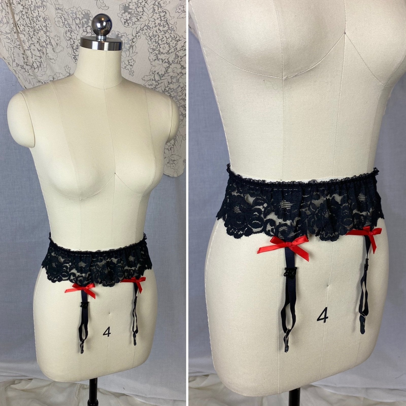 Vintage 1960's Garter Belt | Black Nylon Lace with Red Satin Bows | Size S, M | Frederick's of Hollywood - Daggers & Dames