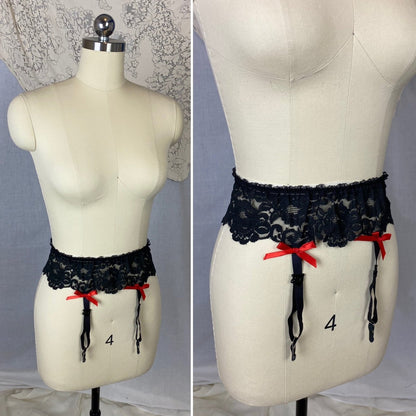 Vintage 1960's Garter Belt | Black Nylon Lace with Red Satin Bows | Size S, M | Frederick's of Hollywood - Daggers & Dames