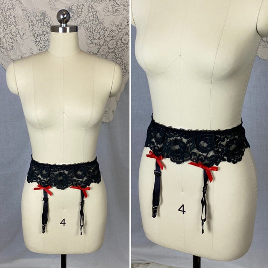 Vintage 1960's Garter Belt | Black Nylon Lace with Red Satin Bows | Size S, M | Frederick's of Hollywood - Daggers & Dames