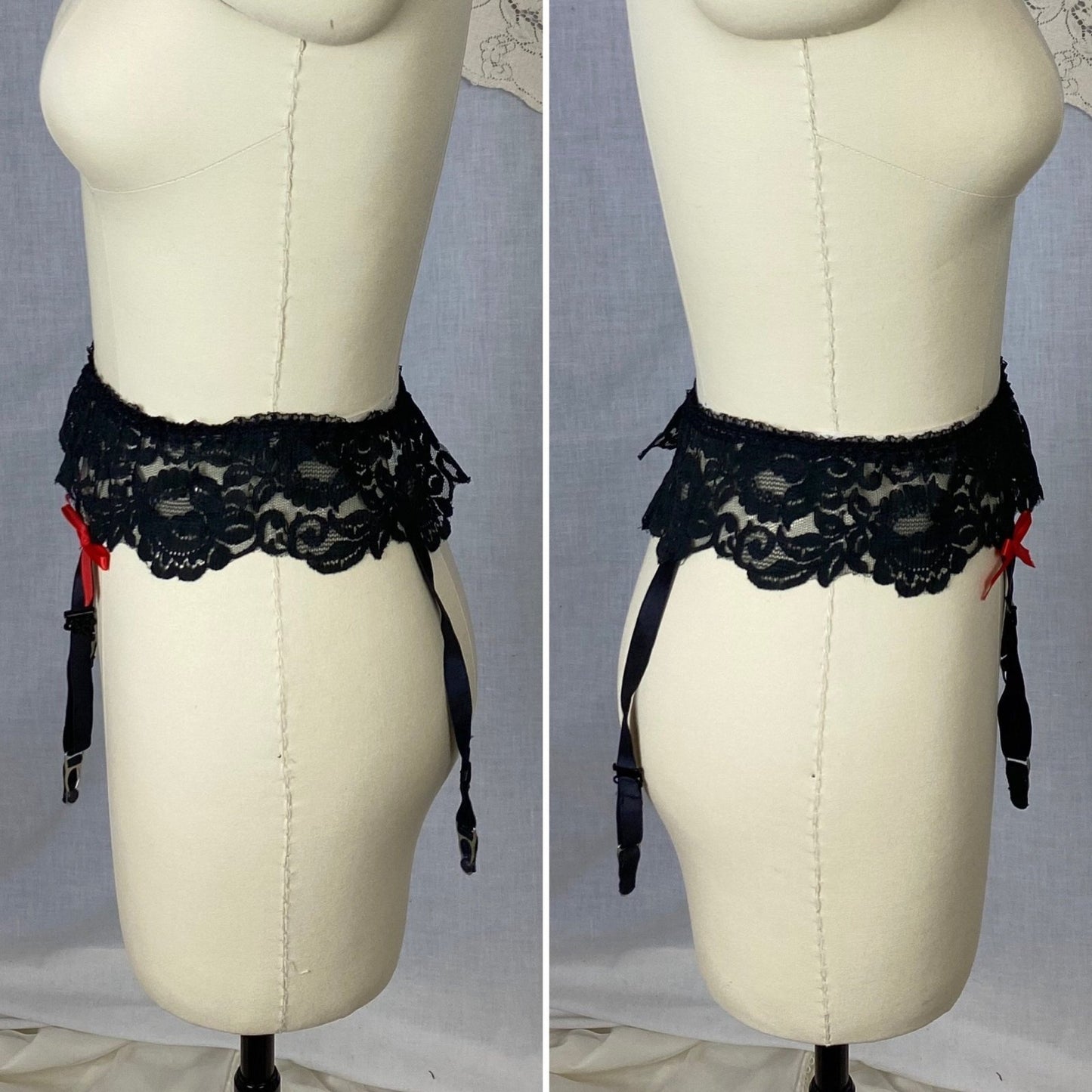 Vintage 1960's Garter Belt | Black Nylon Lace with Red Satin Bows | Size S, M | Frederick's of Hollywood - Daggers & Dames