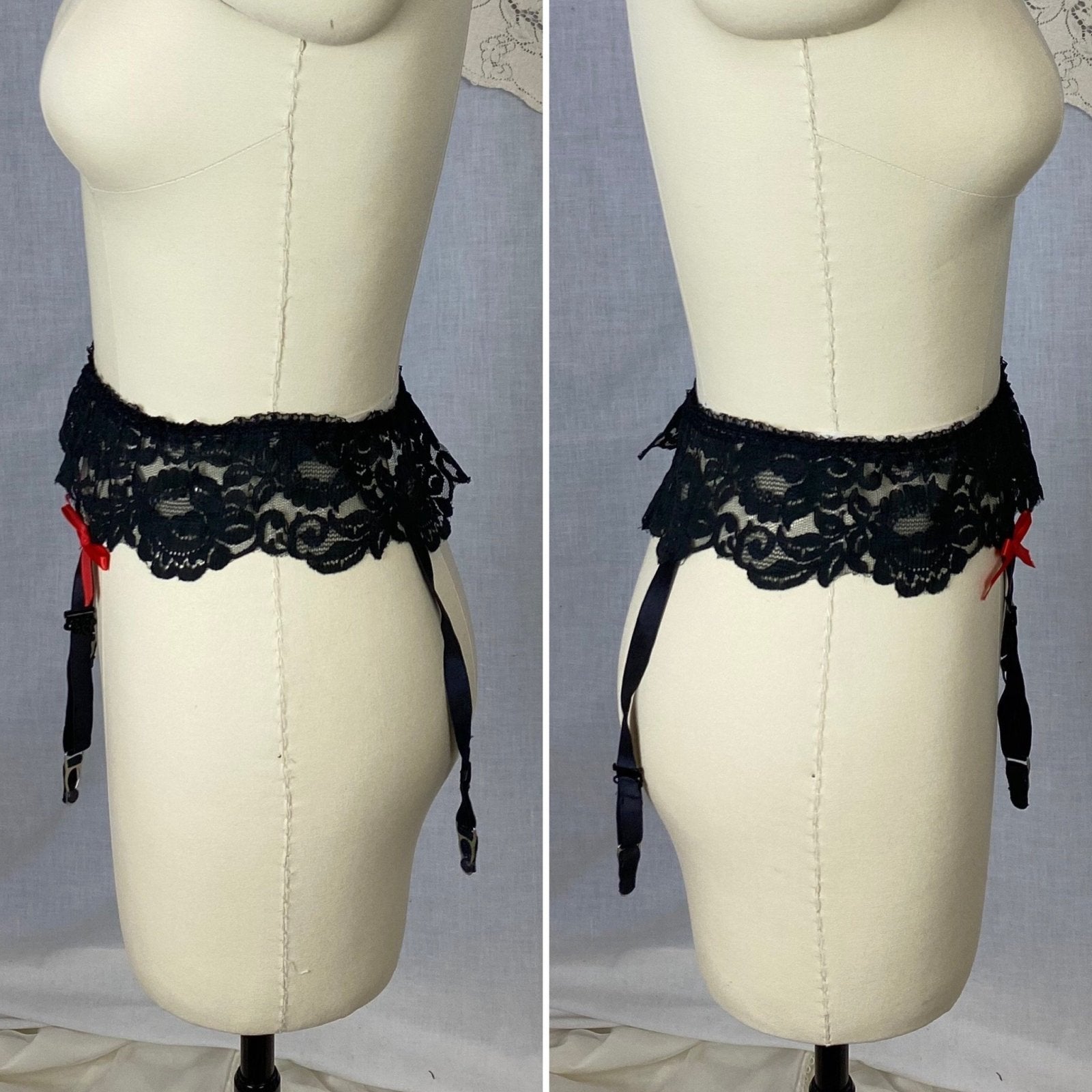 Vintage 1960's Garter Belt | Black Nylon Lace with Red Satin Bows | Size S, M | Frederick's of Hollywood - Daggers & Dames