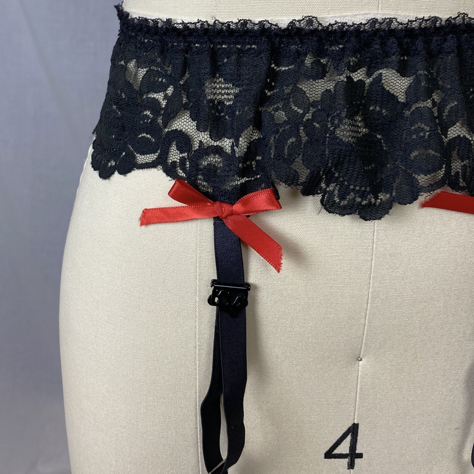 Vintage 1960's Garter Belt | Black Nylon Lace with Red Satin Bows | Size S, M | Frederick's of Hollywood - Daggers & Dames