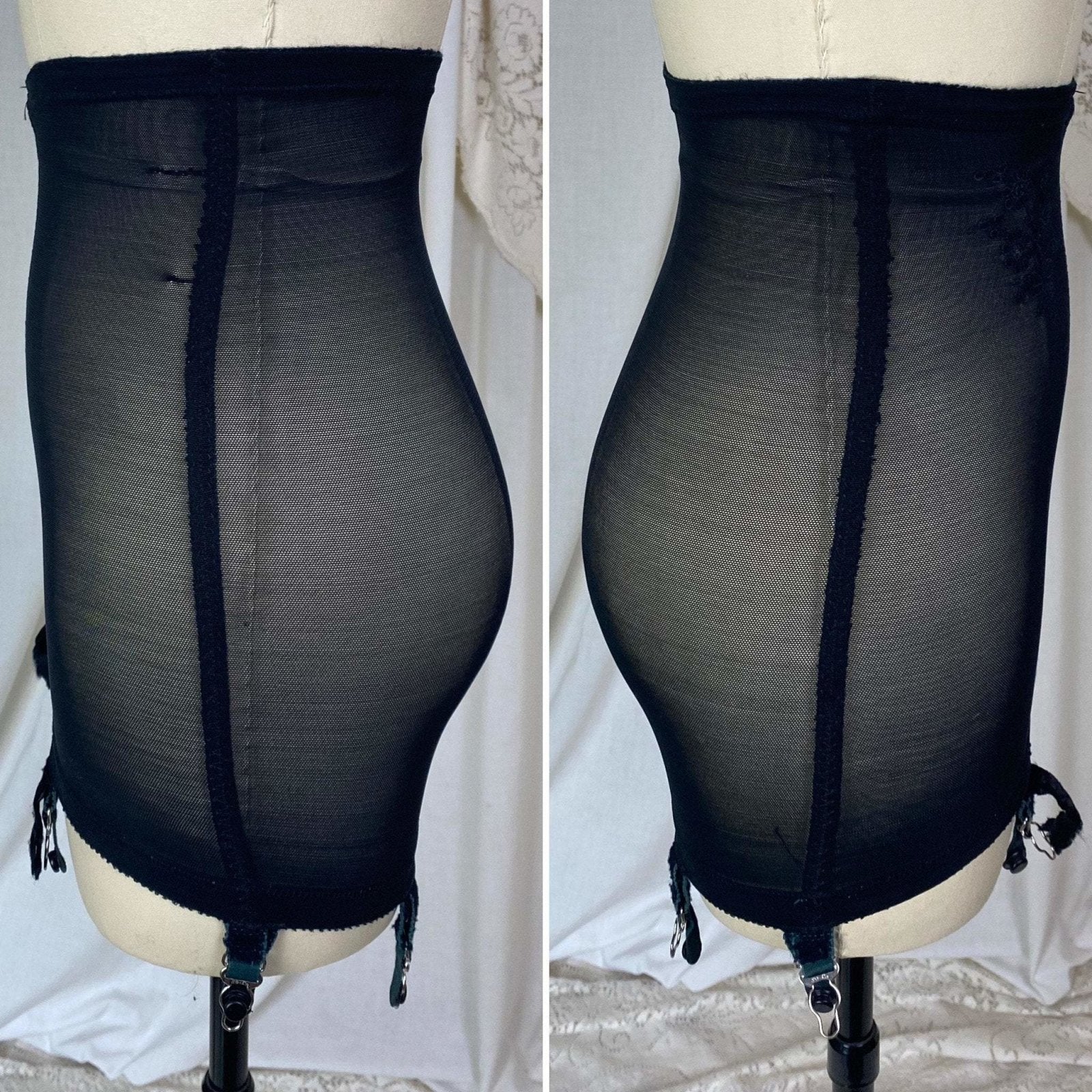 Vintage 1960's Girdle | Black Lycra Elastic Mesh with Floral Embroidery | Size XS, S | Warner's Little Godiva - Daggers & Dames