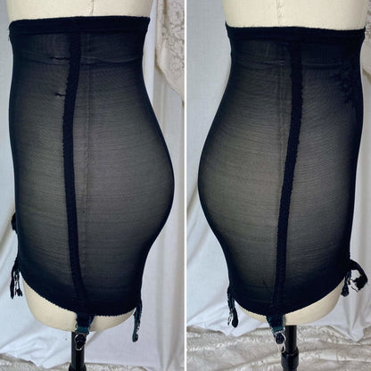 Vintage 1960's Girdle | Black Lycra Elastic Mesh with Floral Embroidery | Size XS, S | Warner's Little Godiva - Daggers & Dames