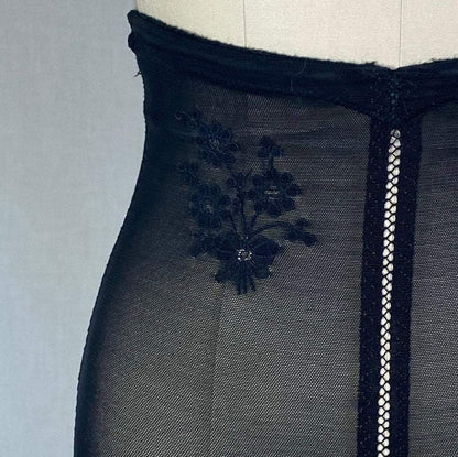 Vintage 1960's Girdle | Black Lycra Elastic Mesh with Floral Embroidery | Size XS, S | Warner's Little Godiva - Daggers & Dames