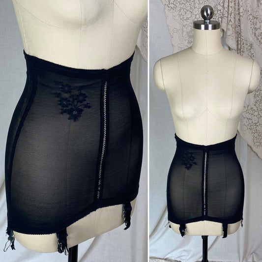 Vintage 1960's Girdle | Black Lycra Elastic Mesh with Floral Embroidery | Size XS, S | Warner's Little Godiva - Daggers & Dames