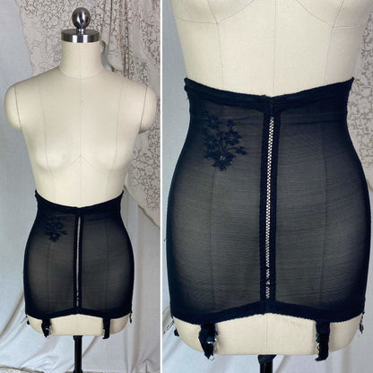 Vintage 1960's Girdle | Black Lycra Elastic Mesh with Floral Embroidery | Size XS, S | Warner's Little Godiva - Daggers & Dames