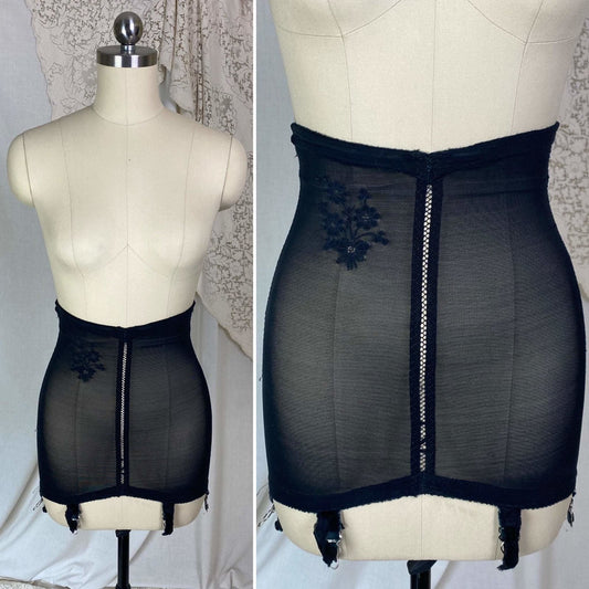 Vintage 1960's Girdle | Black Lycra Elastic Mesh with Floral Embroidery | Size XS, S | Warner's Little Godiva - Daggers & Dames