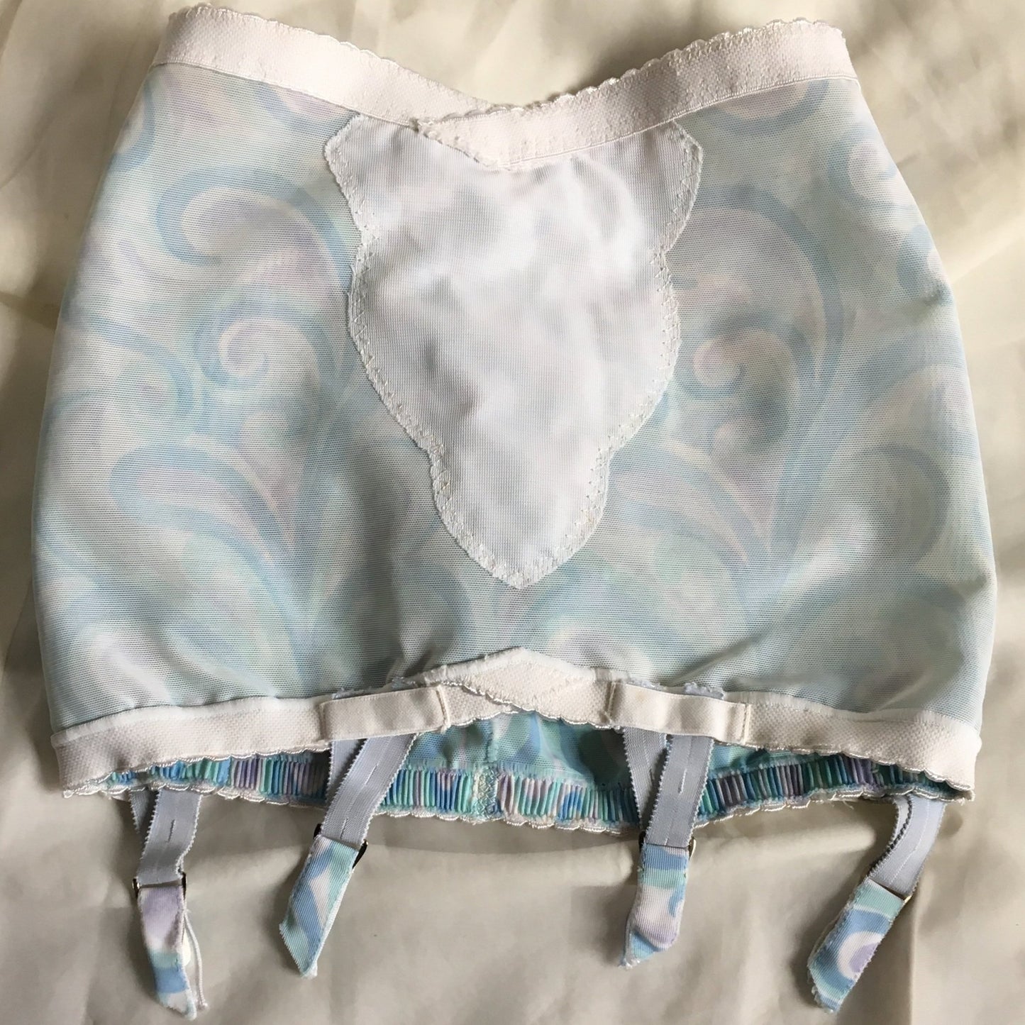 Vintage 1960's Girdle | Blue, Green, & Purple Swirl Pattern with Detachable Trolley Garters | AUBADE, Paris | Size XS, S, M - Daggers & Dames