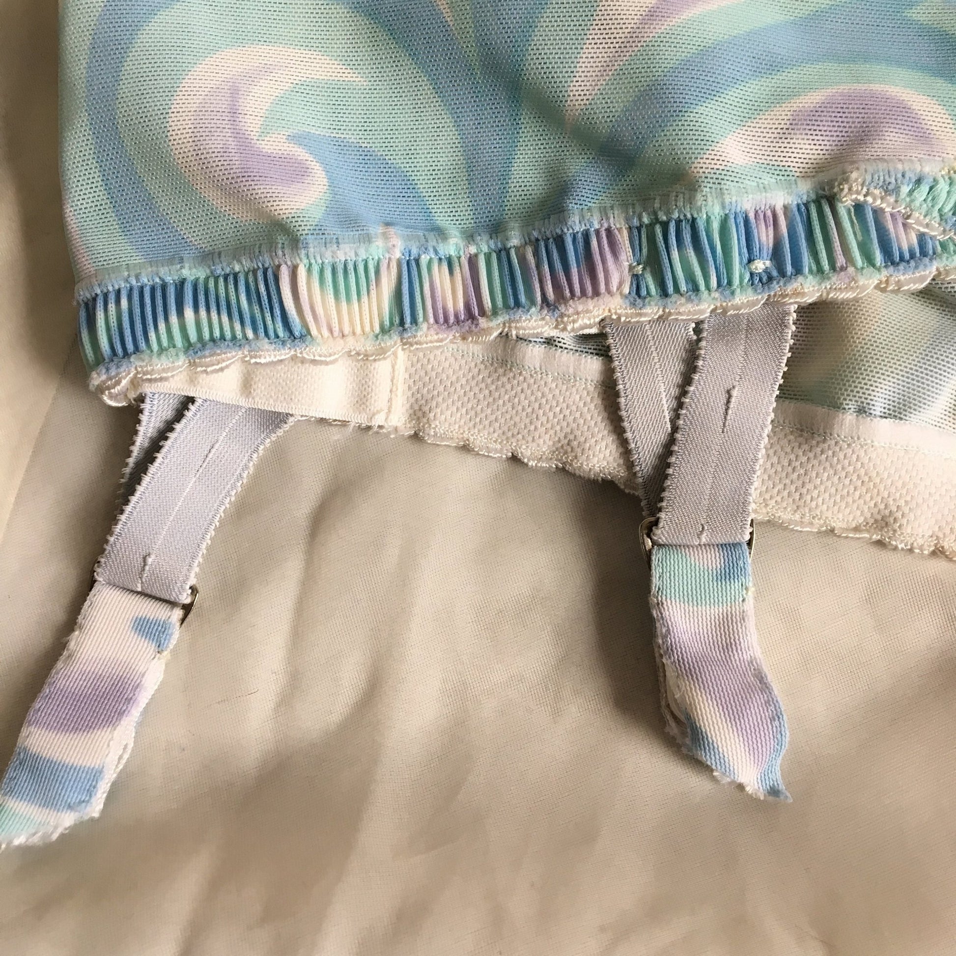 Vintage 1960's Girdle | Blue, Green, & Purple Swirl Pattern with Detachable Trolley Garters | AUBADE, Paris | Size XS, S, M - Daggers & Dames