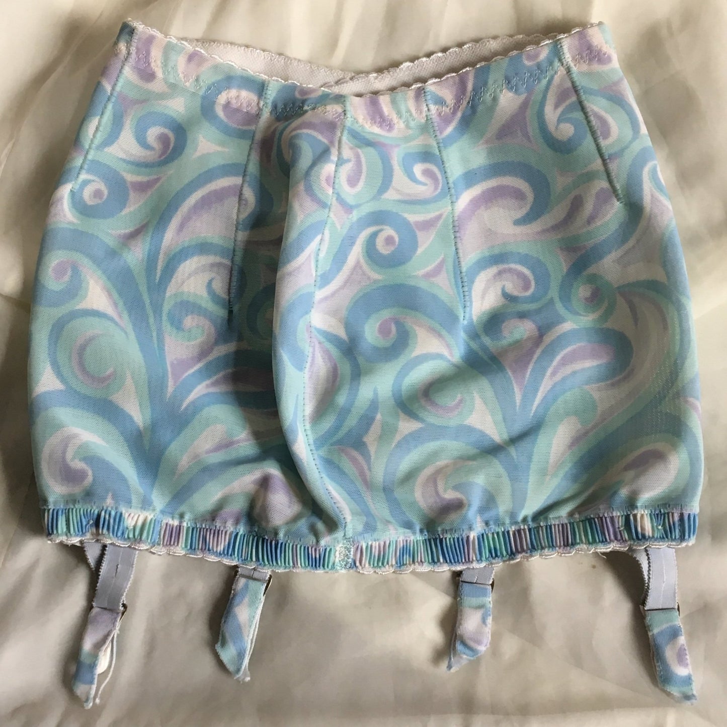 Vintage 1960's Girdle | Blue, Green, & Purple Swirl Pattern with Detachable Trolley Garters | AUBADE, Paris | Size XS, S, M - Daggers & Dames