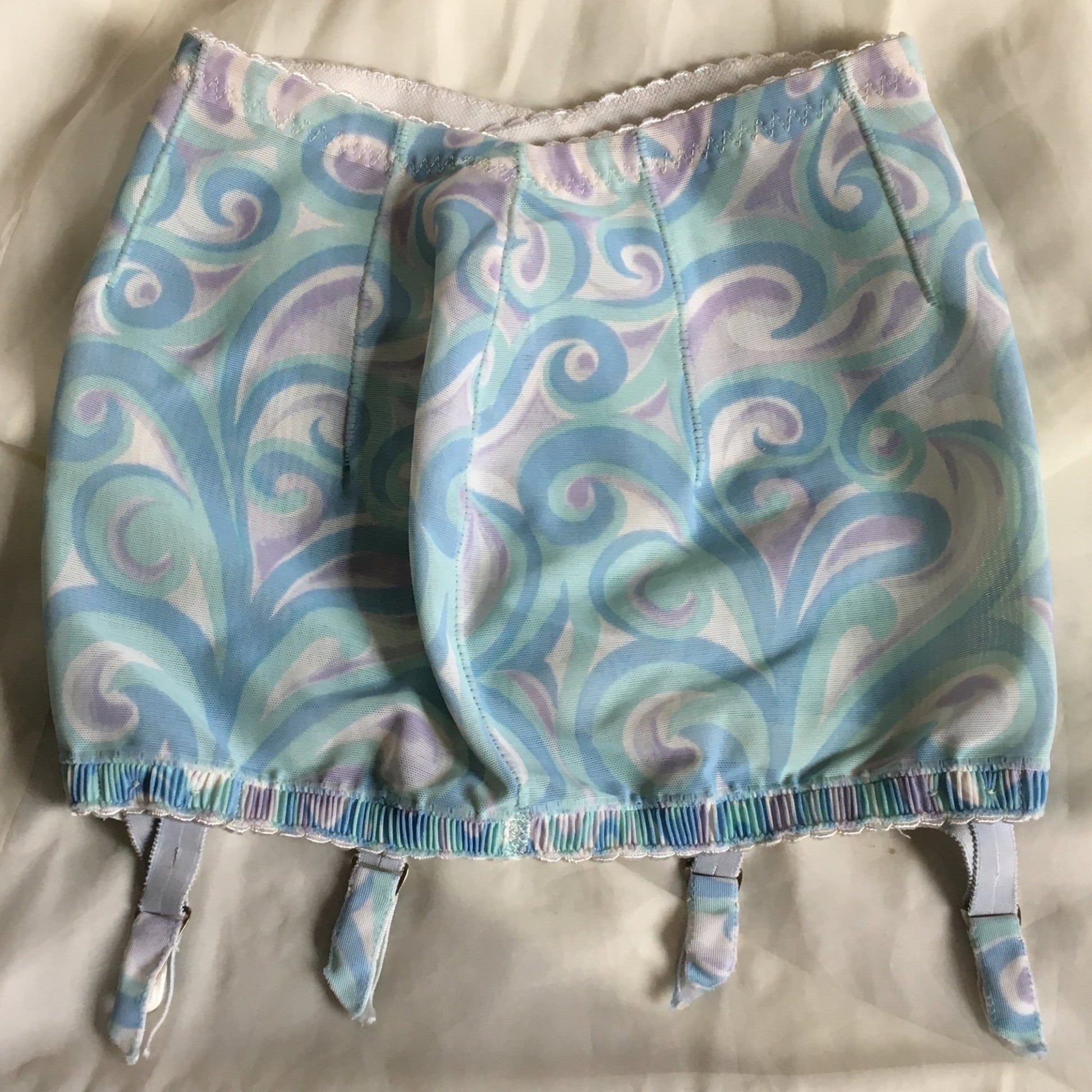 Vintage 1960's Girdle | Blue, Green, & Purple Swirl Pattern with Detachable Trolley Garters | AUBADE, Paris | Size XS, S, M - Daggers & Dames