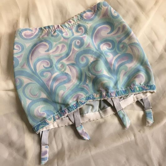 Vintage 1960's Girdle | Blue, Green, & Purple Swirl Pattern with Detachable Trolley Garters | AUBADE, Paris | Size XS, S, M - Daggers & Dames