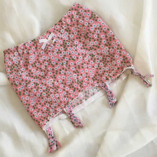 Vintage 1960's Girdle | Pink Floral Pattern with Green Spots Mesh | Low Waist with 4 Trolley Garter Straps | Size XS, S, M - Daggers & Dames