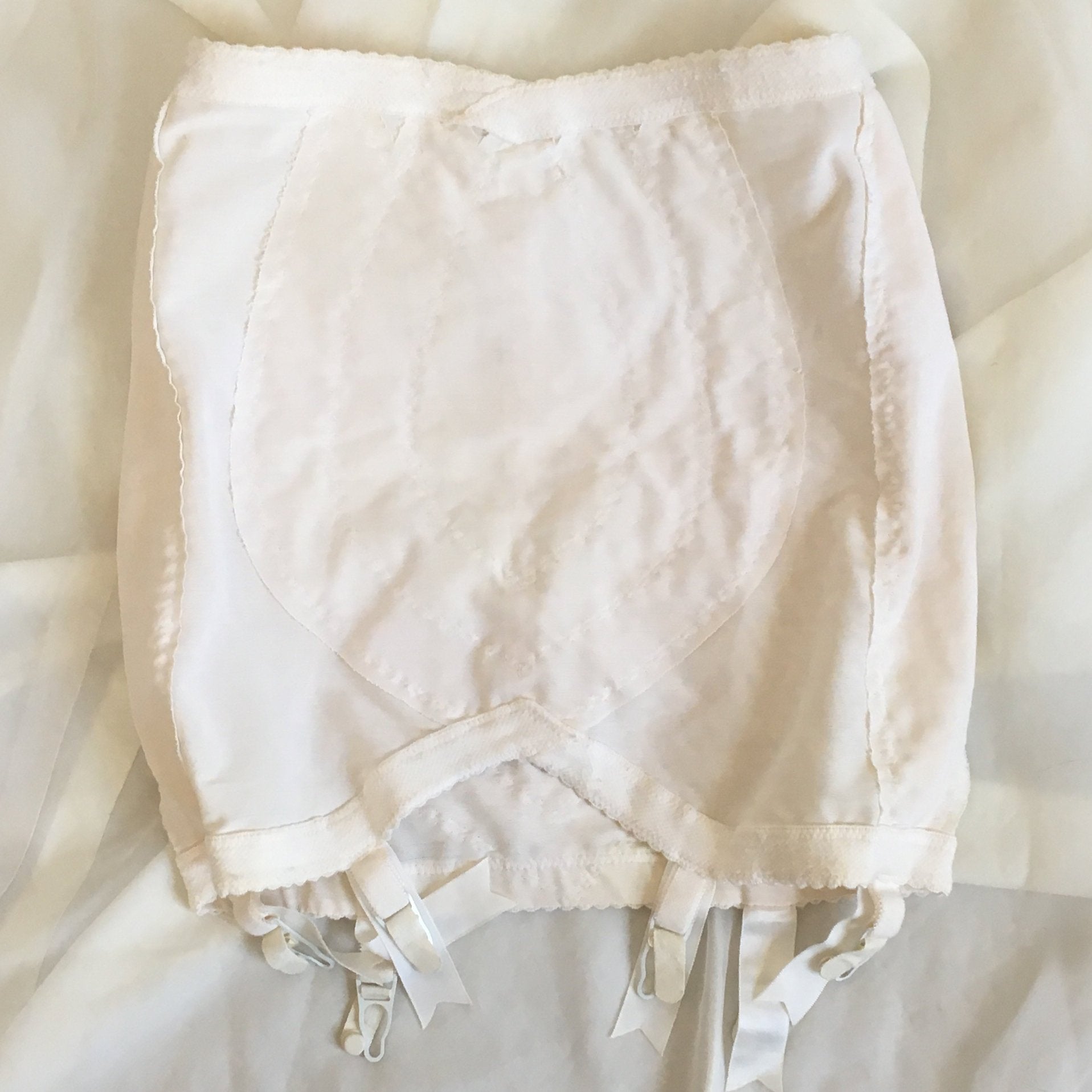 Vintage 1960's Girdle | White Nylon with Ribbon Covered Garter Clips | Vanity Fair | 6 Garter Open Bottom Girdle | Size M - Daggers & Dames