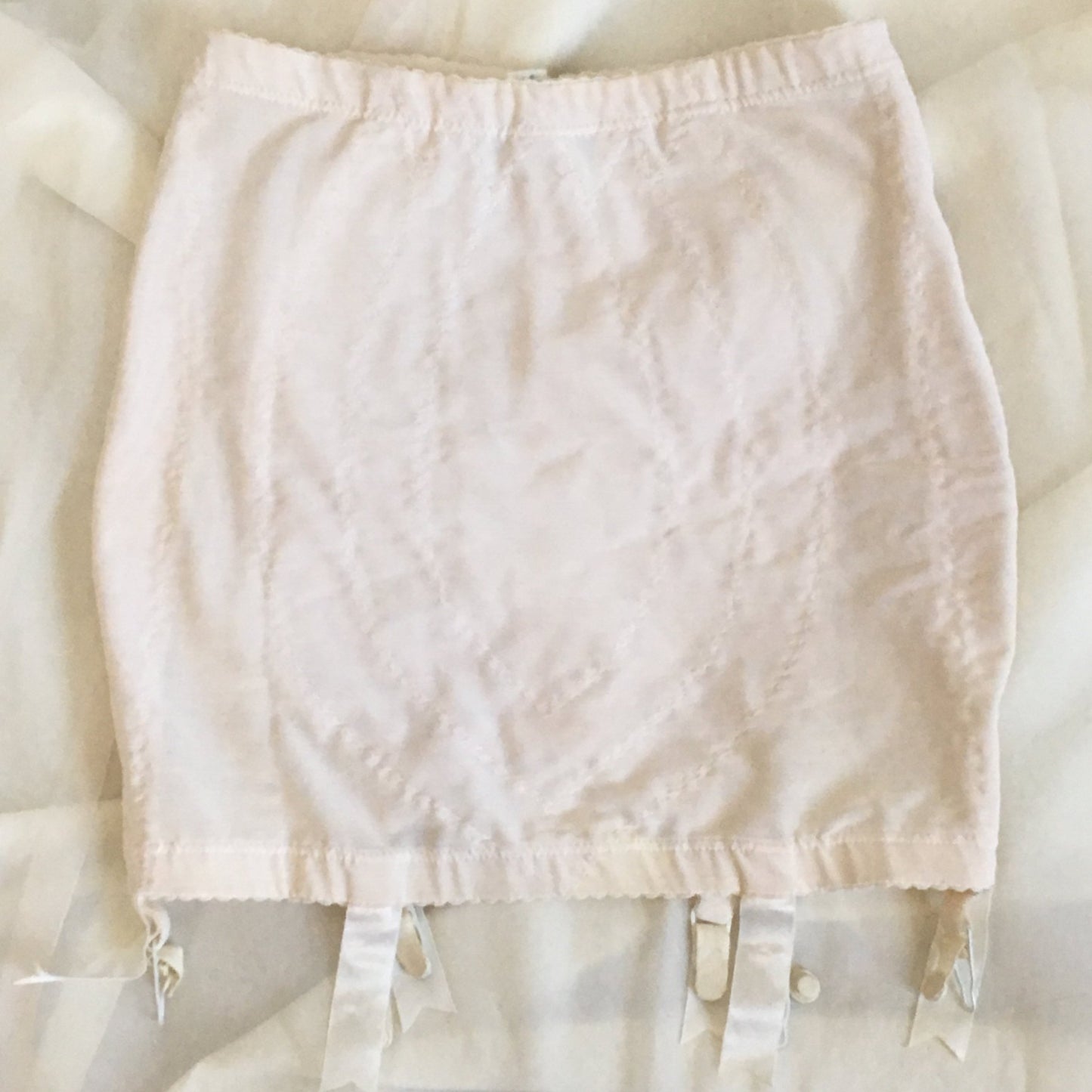Vintage 1960's Girdle | White Nylon with Ribbon Covered Garter Clips | Vanity Fair | 6 Garter Open Bottom Girdle | Size M - Daggers & Dames