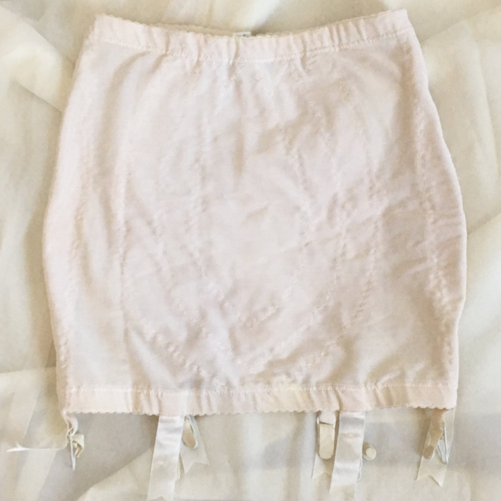 Vintage 1960's Girdle | White Nylon with Ribbon Covered Garter Clips | Vanity Fair | 6 Garter Open Bottom Girdle | Size M - Daggers & Dames