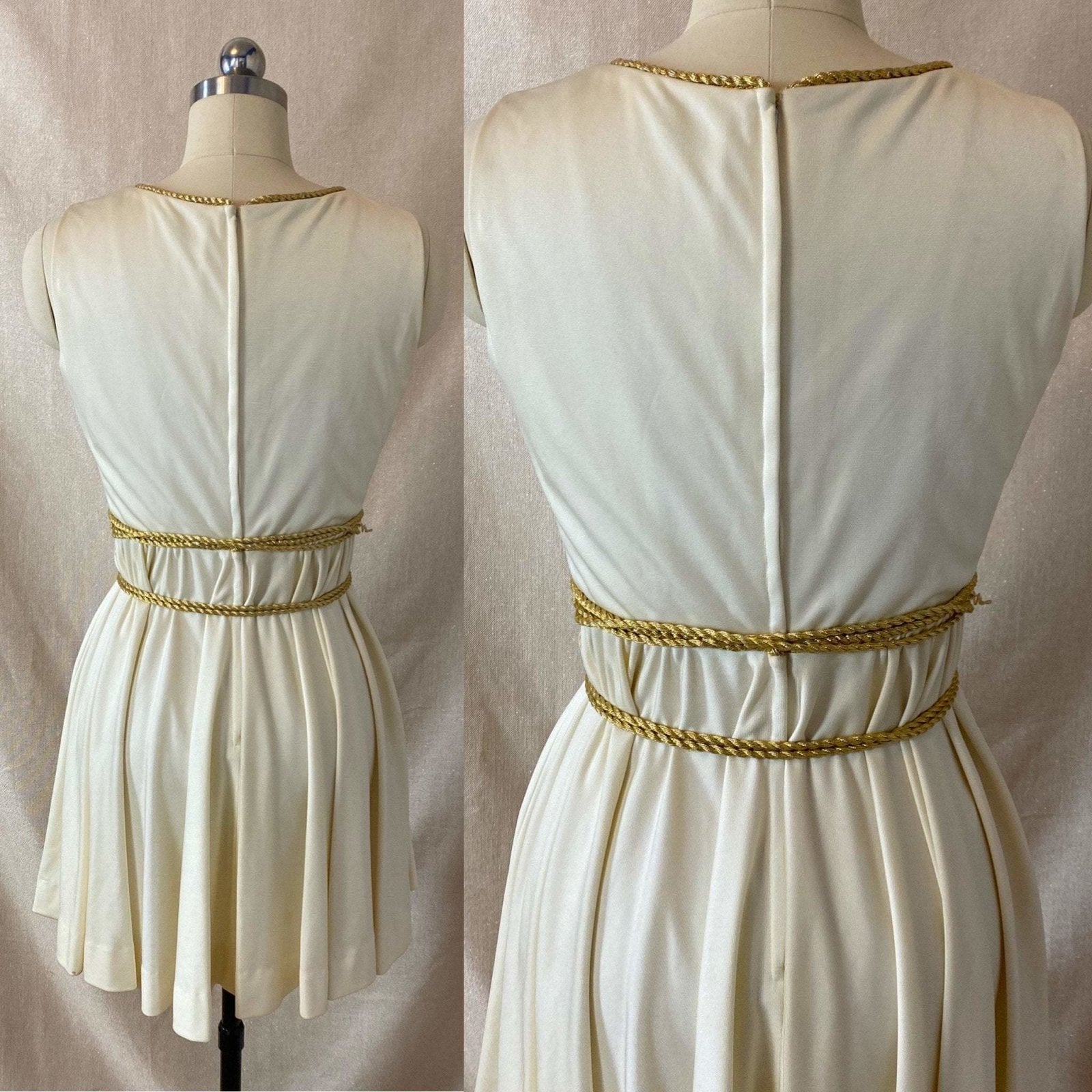 Vintage 1960's Grecian Style Mini Dress | Buttercream Polyester with Gold Fringed Tassels | Size 33 Bust, XS | Sandine Originals - Daggers & Dames