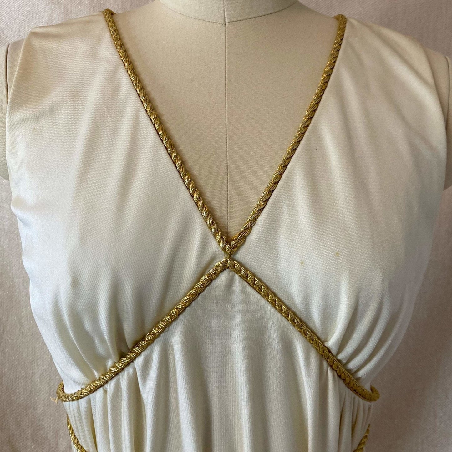 Vintage 1960's Grecian Style Mini Dress | Buttercream Polyester with Gold Fringed Tassels | Size 33 Bust, XS | Sandine Originals - Daggers & Dames