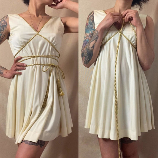 Vintage 1960's Grecian Style Mini Dress | Buttercream Polyester with Gold Fringed Tassels | Size 33 Bust, XS | Sandine Originals - Daggers & Dames