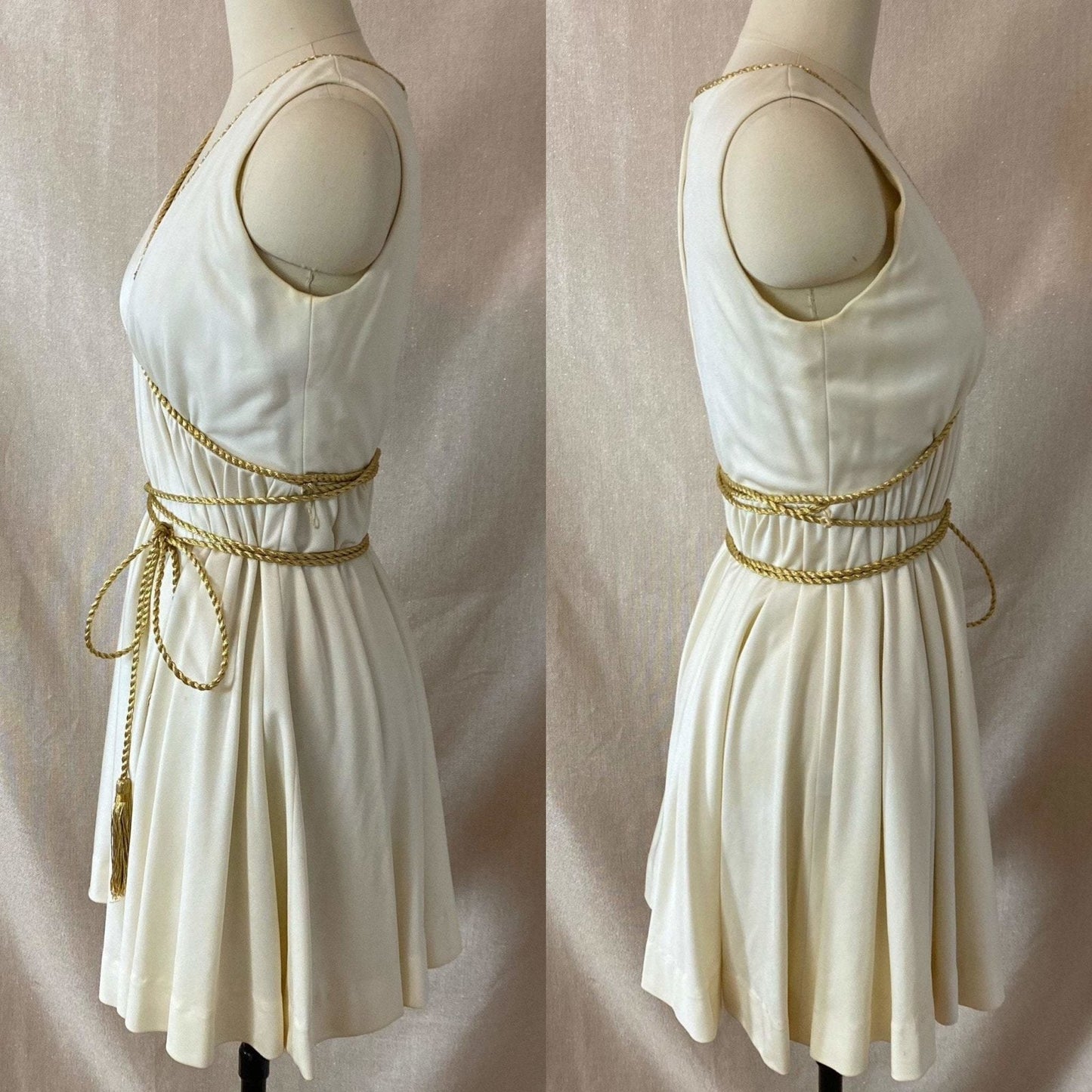 Vintage 1960's Grecian Style Mini Dress | Buttercream Polyester with Gold Fringed Tassels | Size 33 Bust, XS | Sandine Originals - Daggers & Dames
