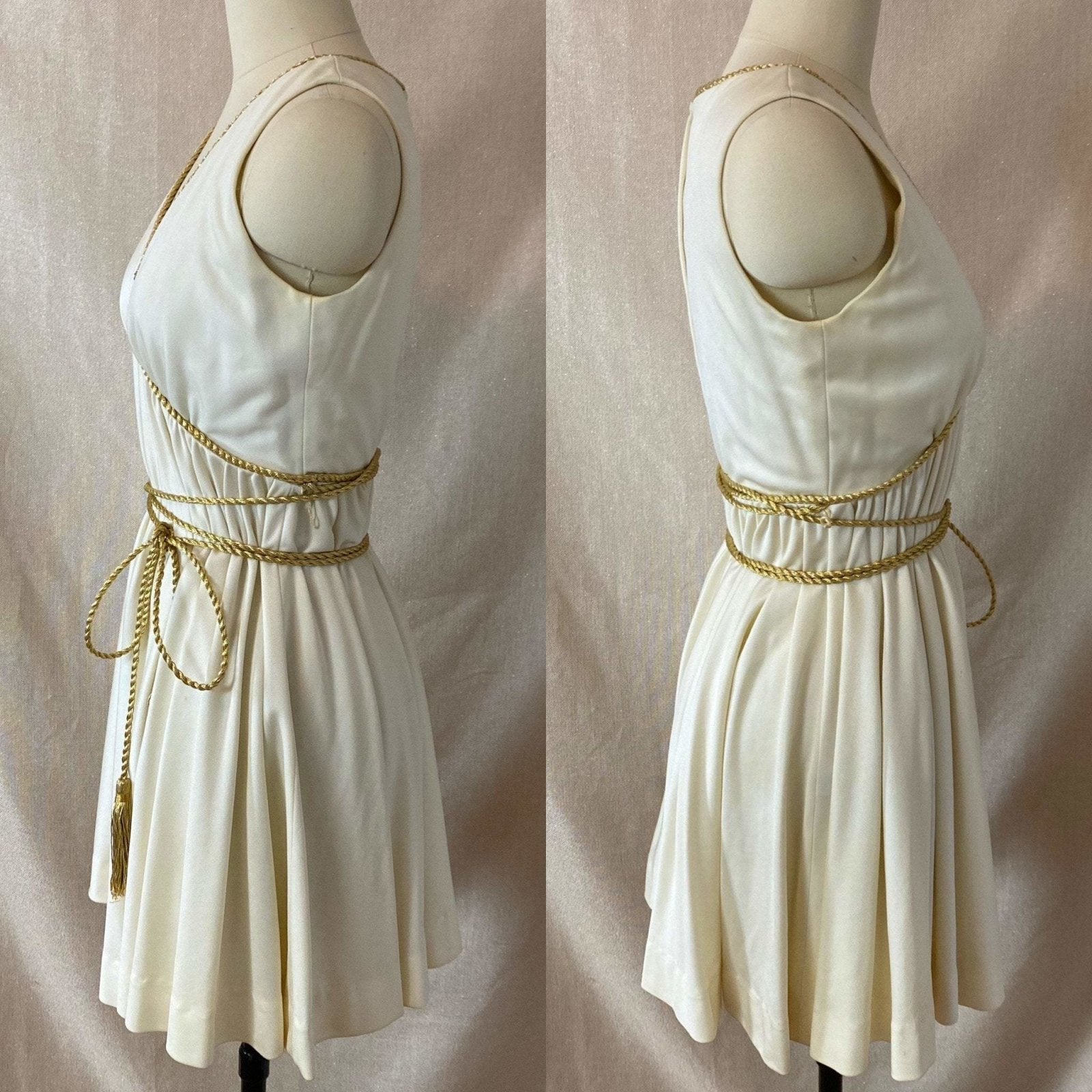 Vintage 1960's Grecian Style Mini Dress | Buttercream Polyester with Gold Fringed Tassels | Size 33 Bust, XS | Sandine Originals - Daggers & Dames